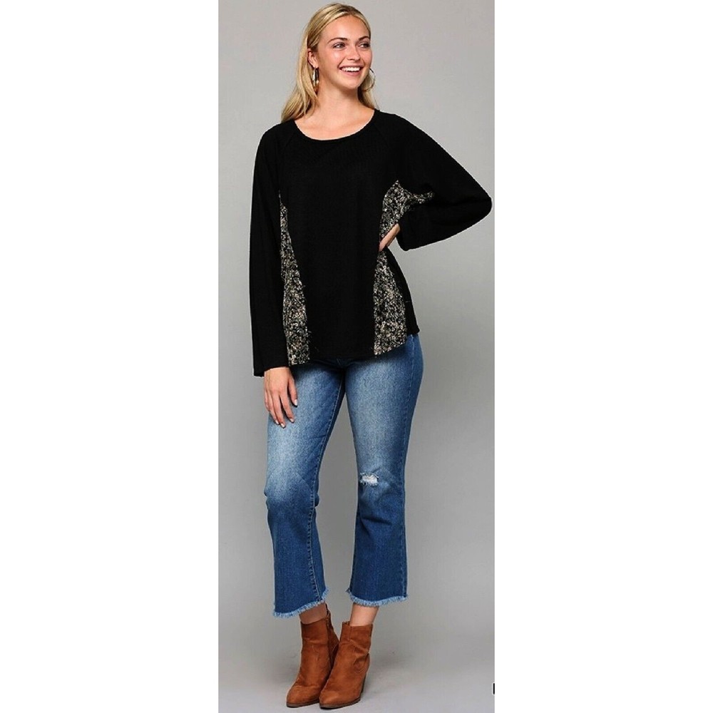 New GIGIO Size S L Black Floral Inserts Slimming Oversized Stretch Tunic Top